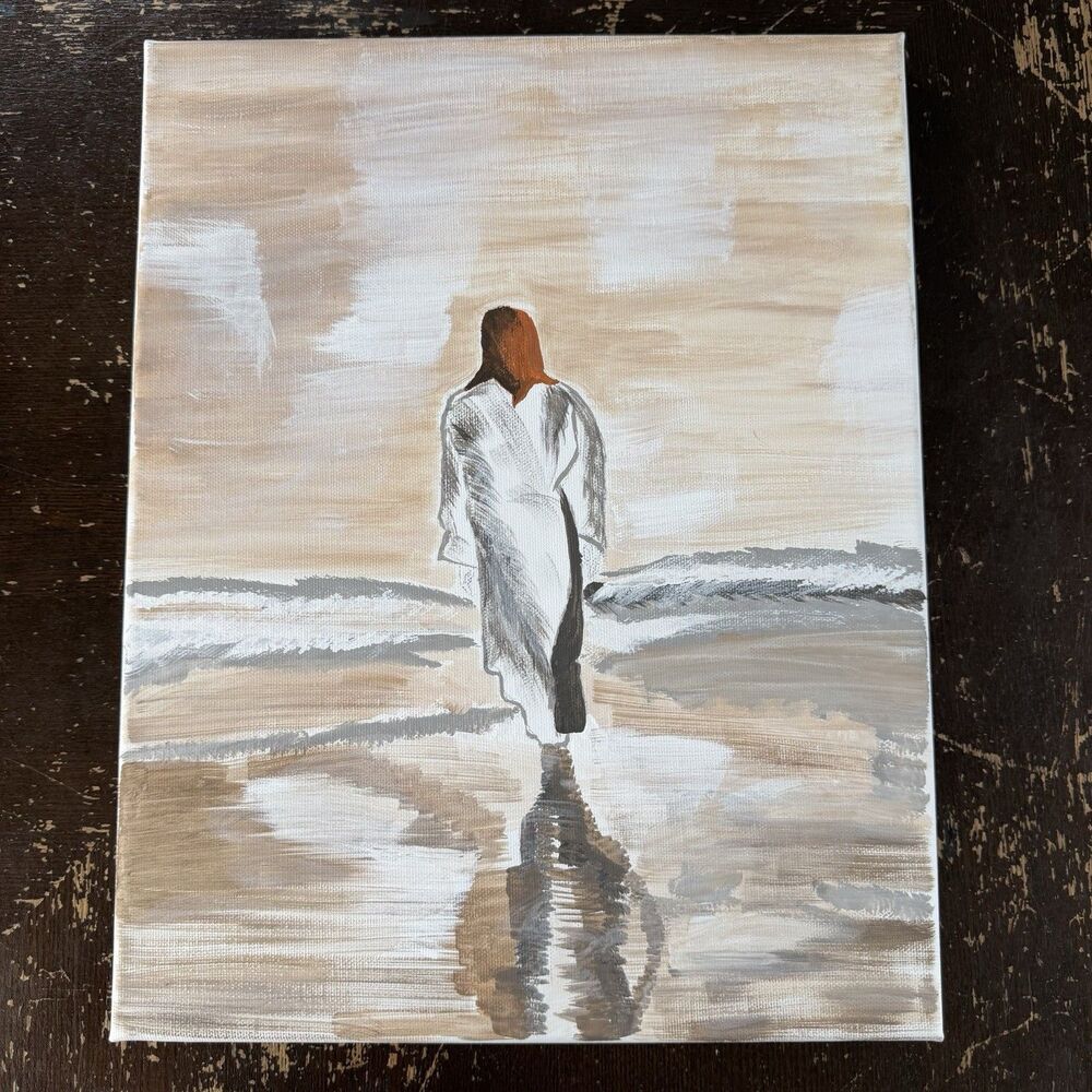 Original Painting Jesus Walking On Water Stretched Canvas Christian Art Beige
